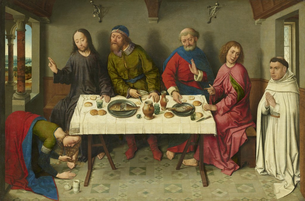 Un dipinto che ritrae la scena di una cena, con figure bibliche attorno a un tavolo. Al centro, una figura maschile che rappresenta Gesù, mentre una donna si inginocchia ai suoi piedi, apparentemente in un gesto di umiltà e venerazione.