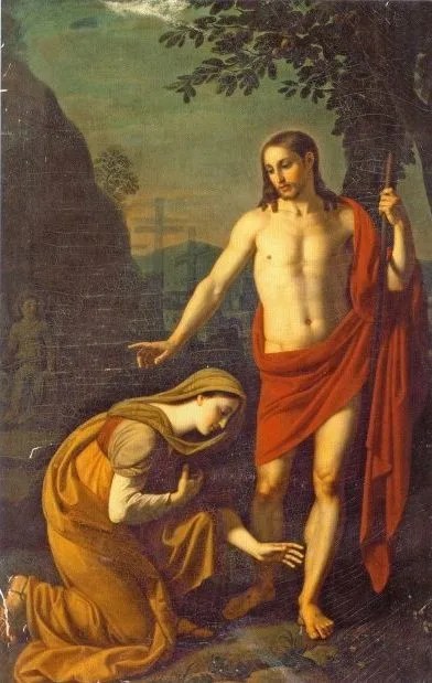 Rappresentazione di Maria Maddalena inginocchiata di fronte a Gesù risorto, che le indica un punto nella direzione opposta, in un paesaggio naturale con alberi sullo sfondo.