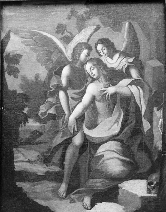 Un dipinto che rappresenta Maria Maddalena al centro, circondata da due angeli. L'immagine mostra una scena simbolica, con una composizione emotiva e uno sfondo naturale.