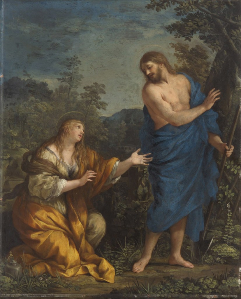 Rappresentazione di Maria Maddalena e Gesù, con Maddalena inginocchiata e vestita con abiti dai toni caldi, mentre Gesù, con un telo blu, si gira verso di lei in un contesto naturale.