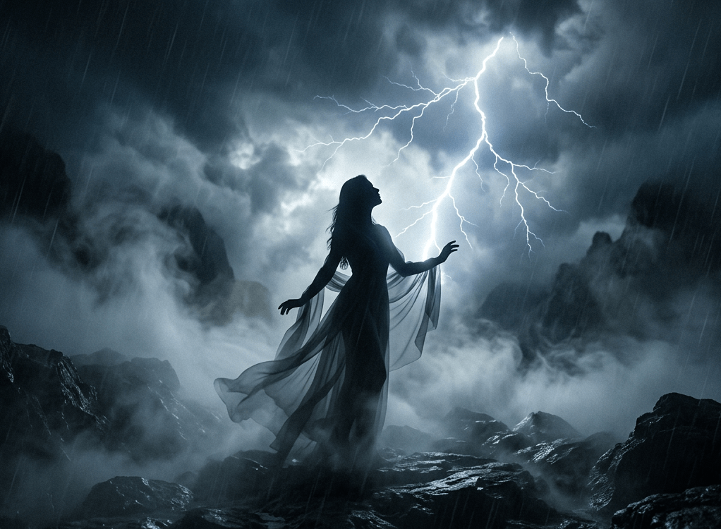 Silhouette of a woman with flowing dress standing on rocky ground with lightning striking in the stormy sky