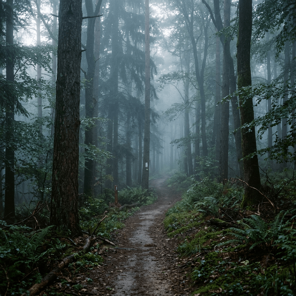 Narrow dirt path through foggy dense forest with tall trees and ferns
