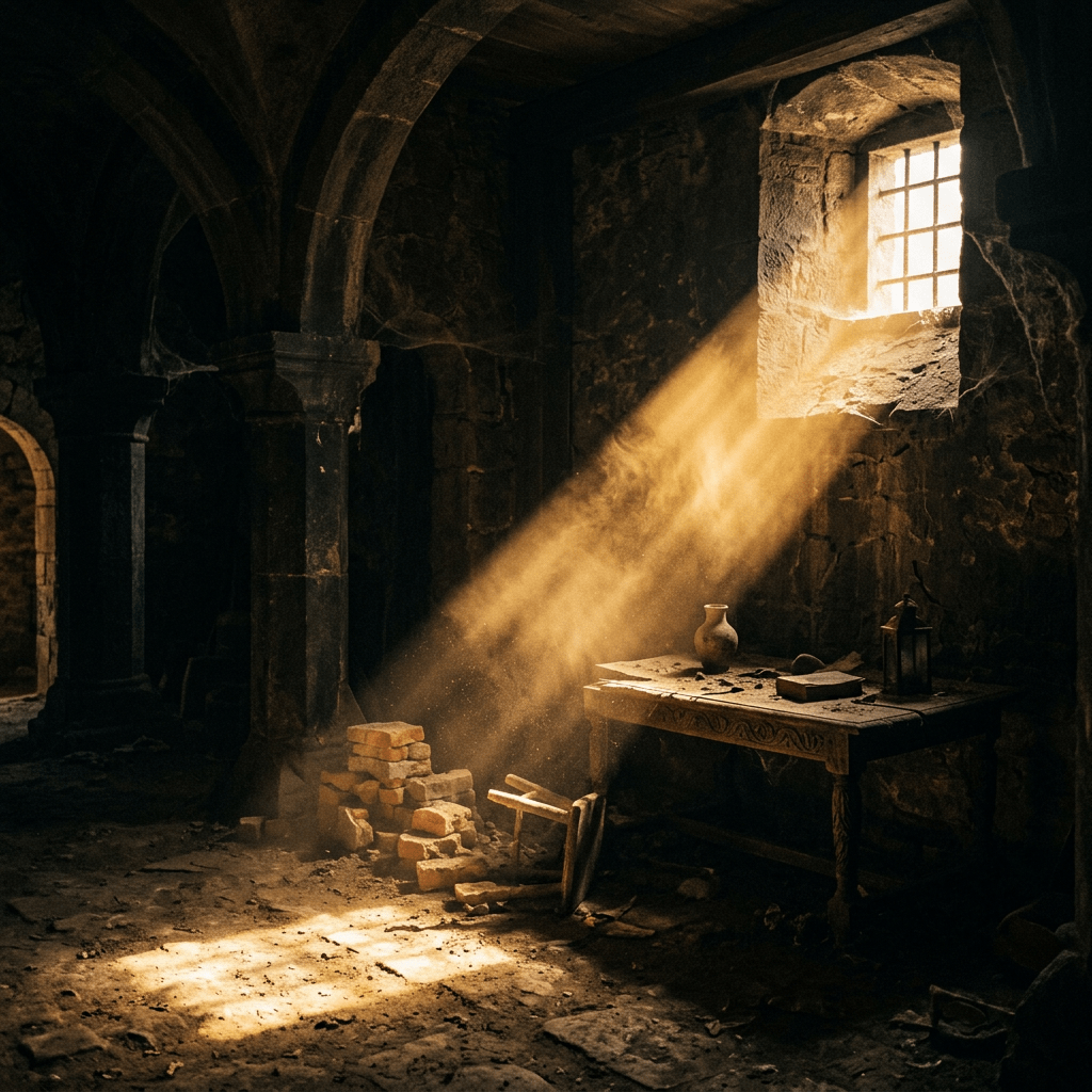 Sunlight beam through small barred window lighting dusty stone chamber with table and bricks