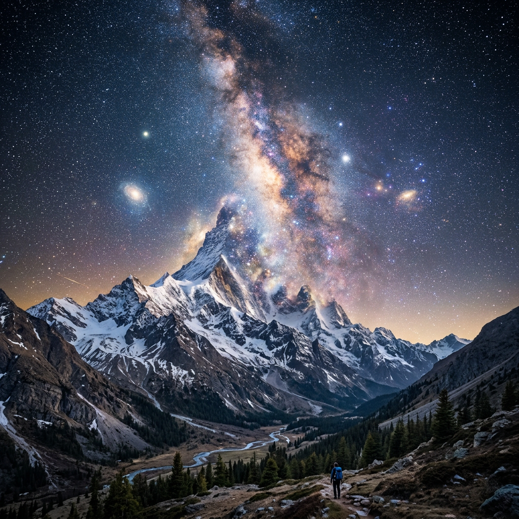 Snowy mountain peaks under a vivid Milky Way galaxy with a person hiking on a trail