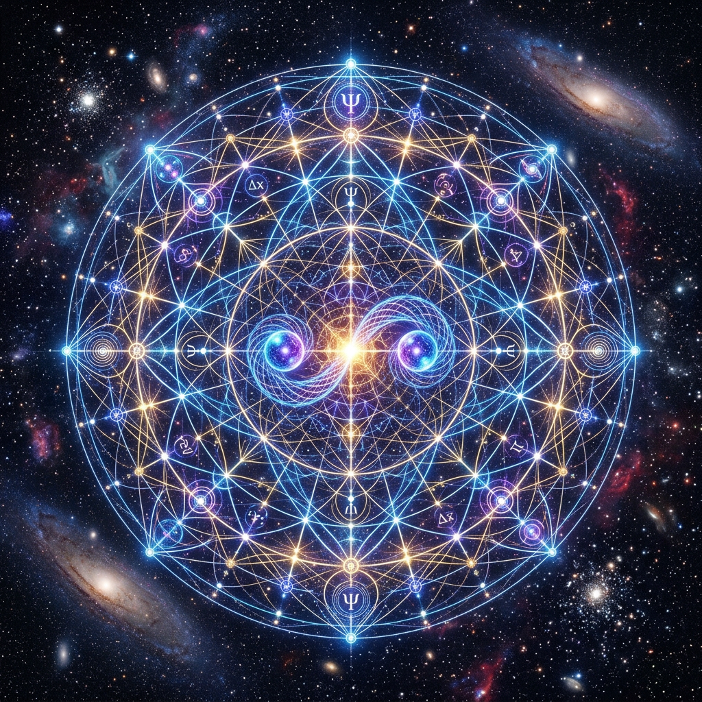 Complex geometric network of glowing lines and quantum symbols over a star-filled cosmic background.