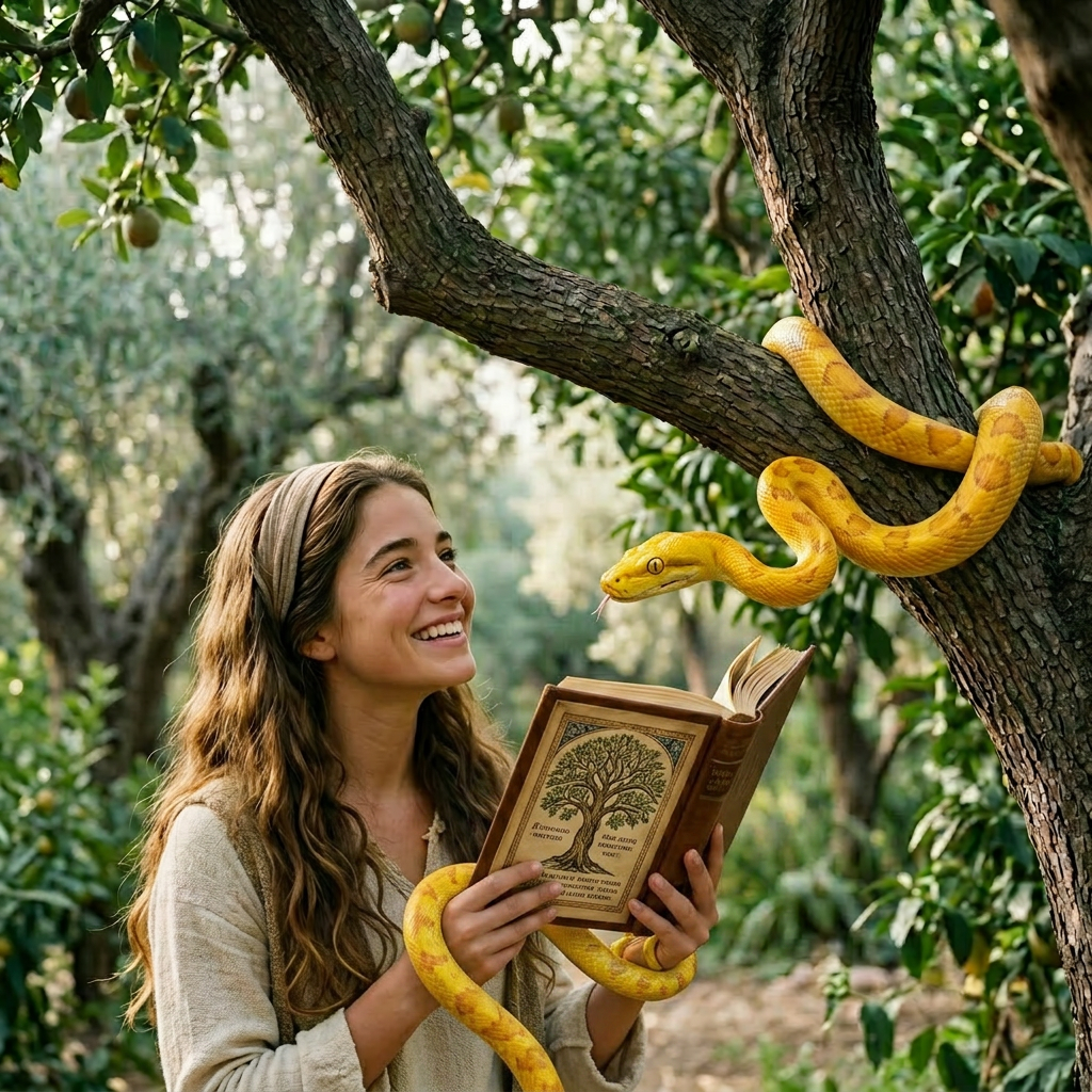 Woman looking at yellow snake wrapped around tree branch in lush orchard